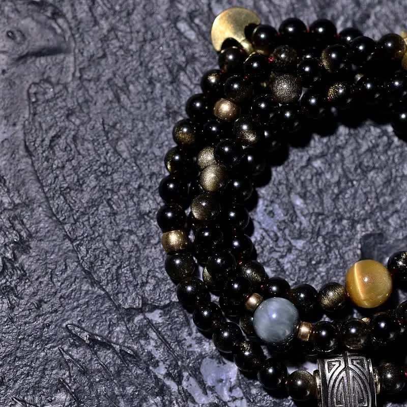 Buddha Stones 108 Mala Beads Gold Sheen Obsidian Tiger Eye Eagle's Eye Stone Wealth Bracelet