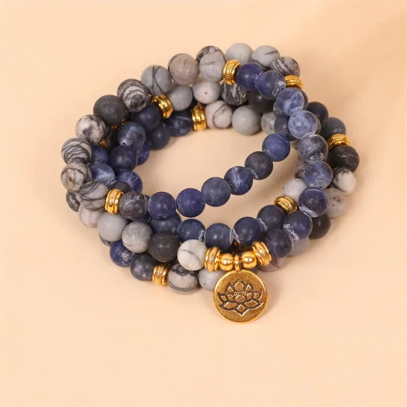 Buddha Stones 108 Mala Beads Sodalite Zebra Jasper Crystal Lotus Strength Bracelet