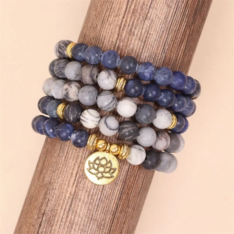 Buddha Stones 108 Mala Beads Sodalite Zebra Jasper Crystal Lotus Strength Bracelet