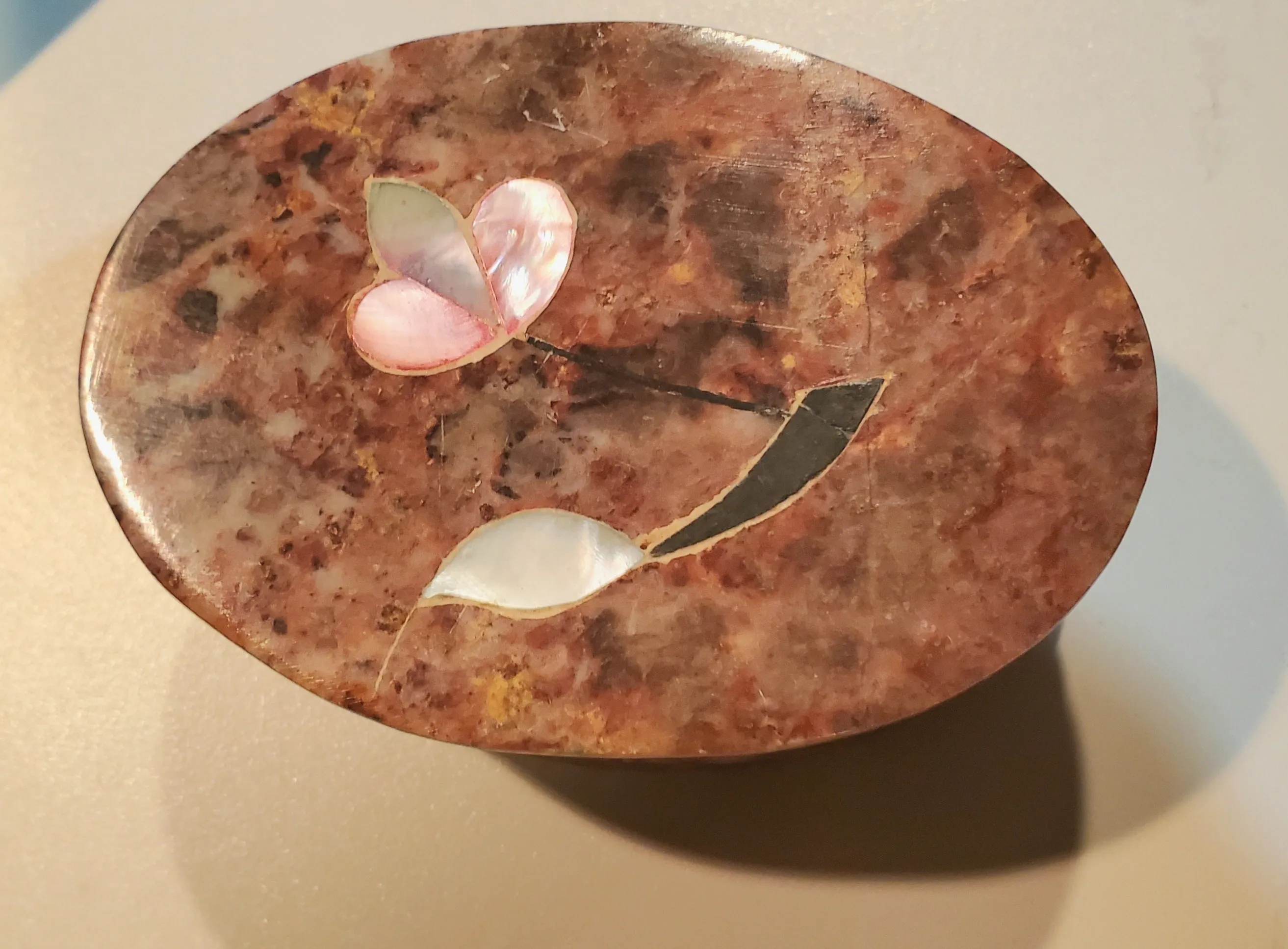 Carved Soapstone Inlaid Mother-of-Pearl Trinket Box