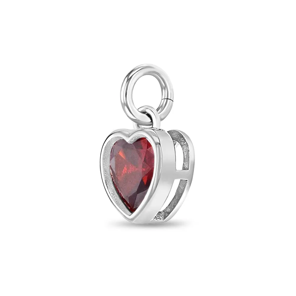 CZ Birthstone Heart Charm January – Garnet Kids / Children's / Girls for Charm Bracelet - Sterling Silver