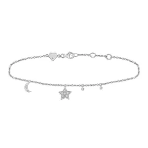 Diamond Moon Star Charm Bracelet 925 Sterling Silver