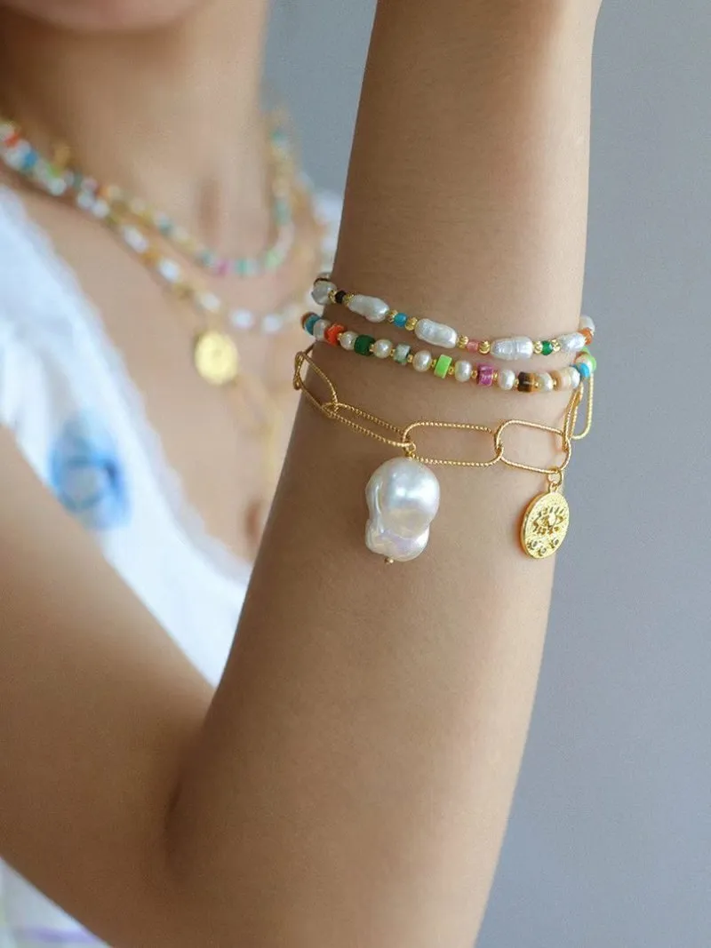 Dopamine-Colored Natural Stone and Pearl Beaded Bracelet