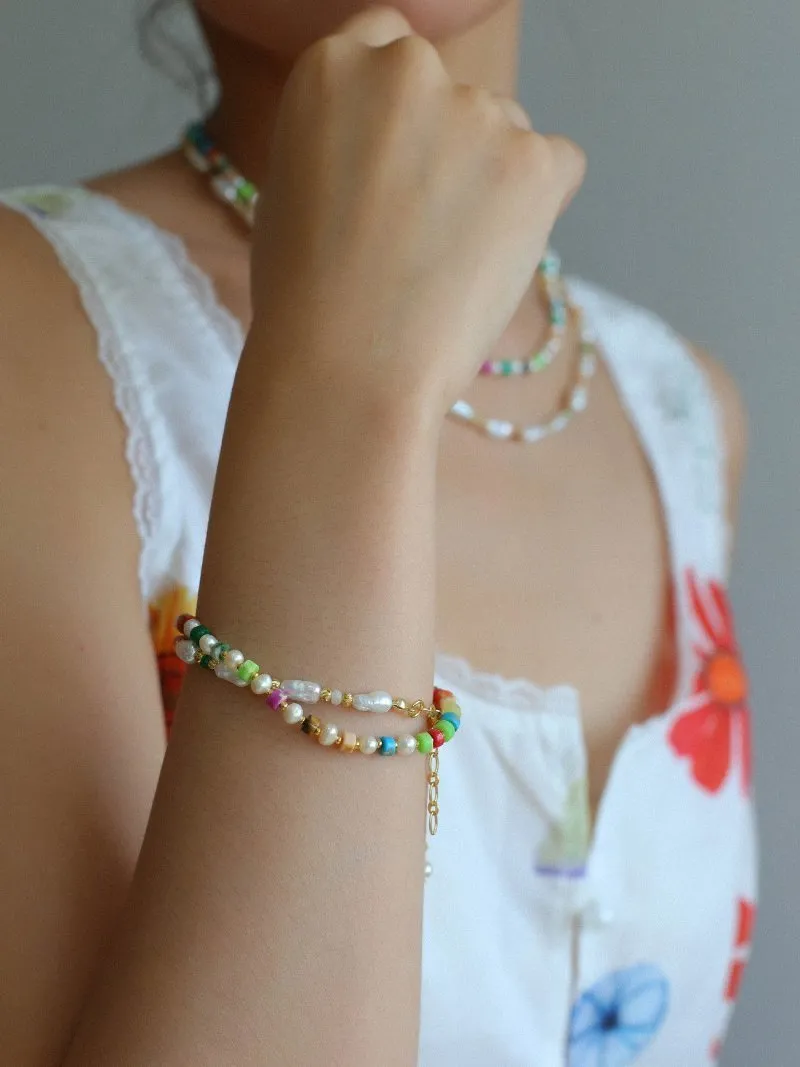 Dopamine-Colored Natural Stone and Pearl Beaded Bracelet