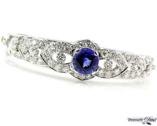 ESTATE VINTAGE 5.53CT DEEP VIOLET BLUE TANZANITE DIAMOND BANGLE BRACELET 14KWG