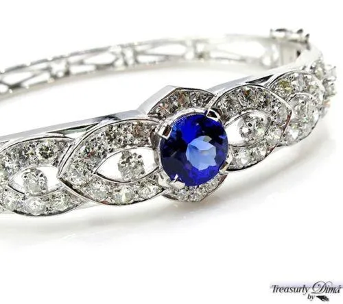 ESTATE VINTAGE 5.53CT DEEP VIOLET BLUE TANZANITE DIAMOND BANGLE BRACELET 14KWG