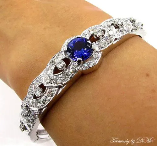 ESTATE VINTAGE 5.53CT DEEP VIOLET BLUE TANZANITE DIAMOND BANGLE BRACELET 14KWG