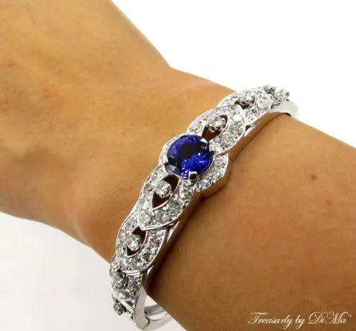 ESTATE VINTAGE 5.53CT DEEP VIOLET BLUE TANZANITE DIAMOND BANGLE BRACELET 14KWG