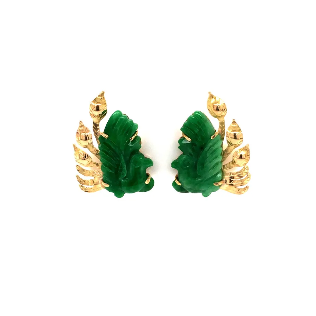 Estate Yellow Gold Plumage Carved Jade Earrings