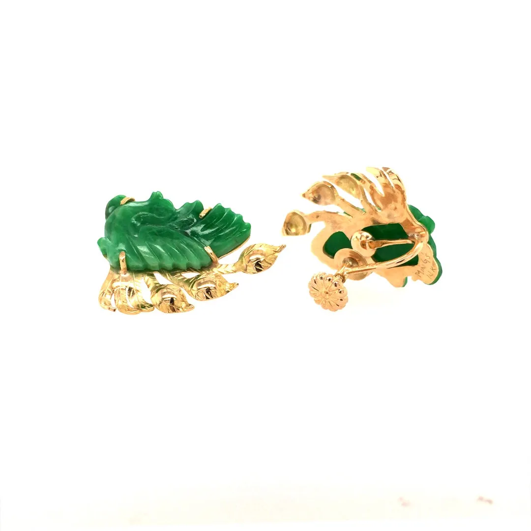 Estate Yellow Gold Plumage Carved Jade Earrings