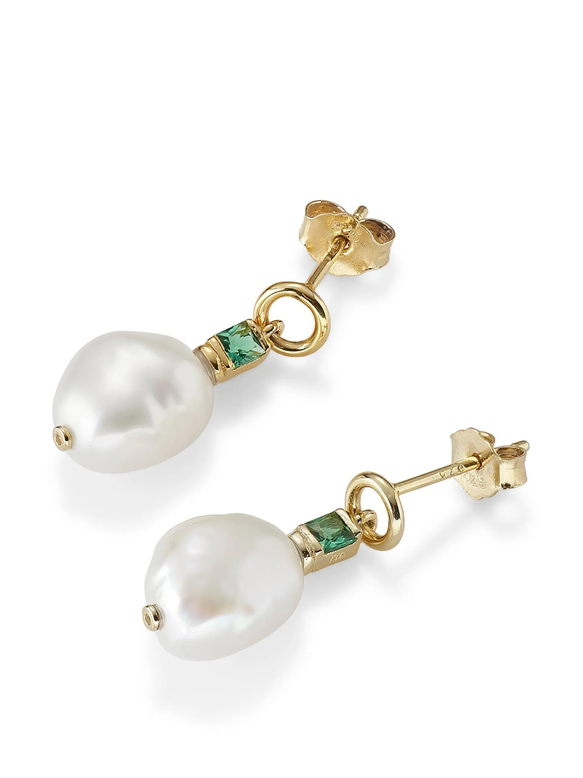 Fleur baroque pearl drop earrings with emerald green stone