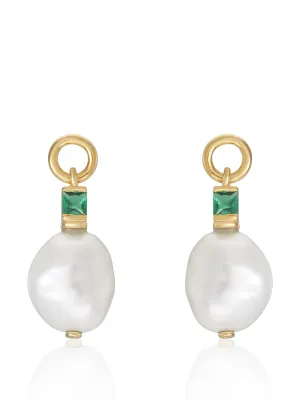 Fleur baroque pearl drop earrings with emerald green stone