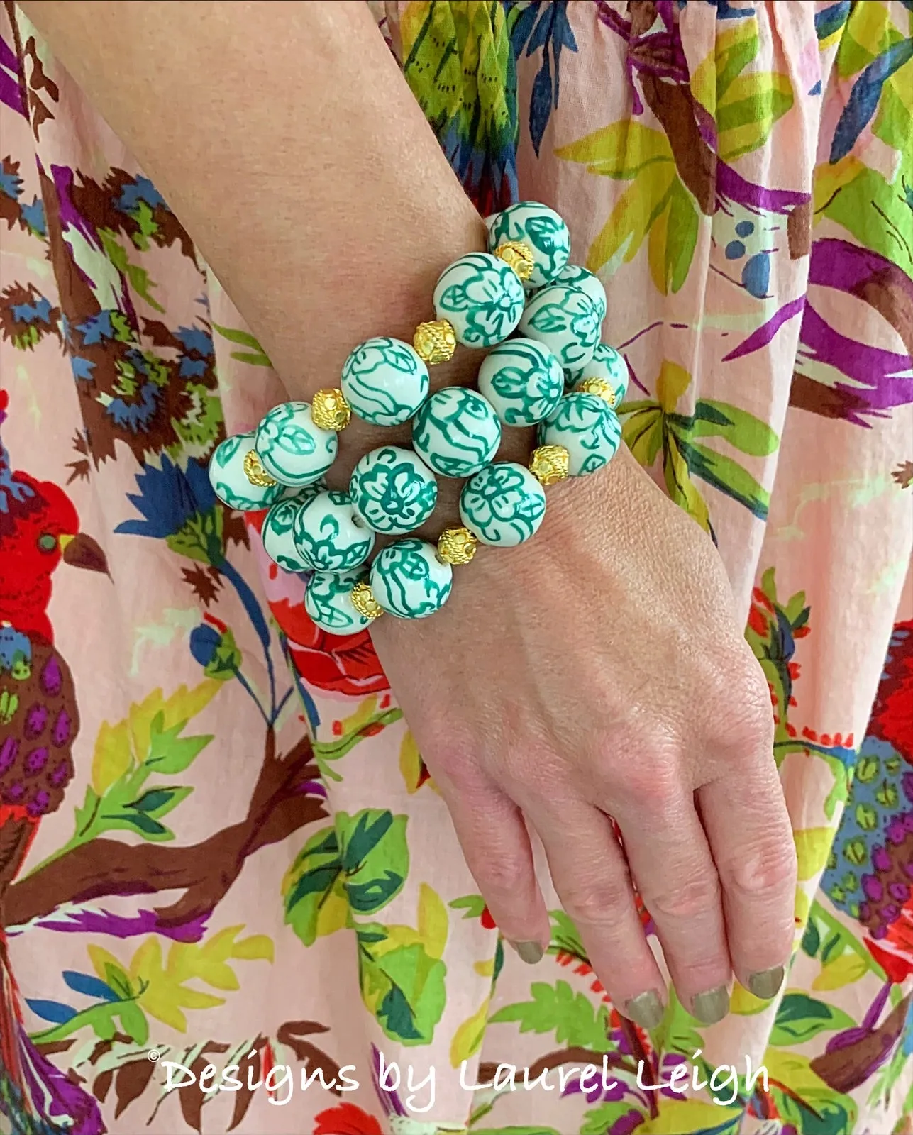 Green & Gold Floral Chinoiserie Bracelet