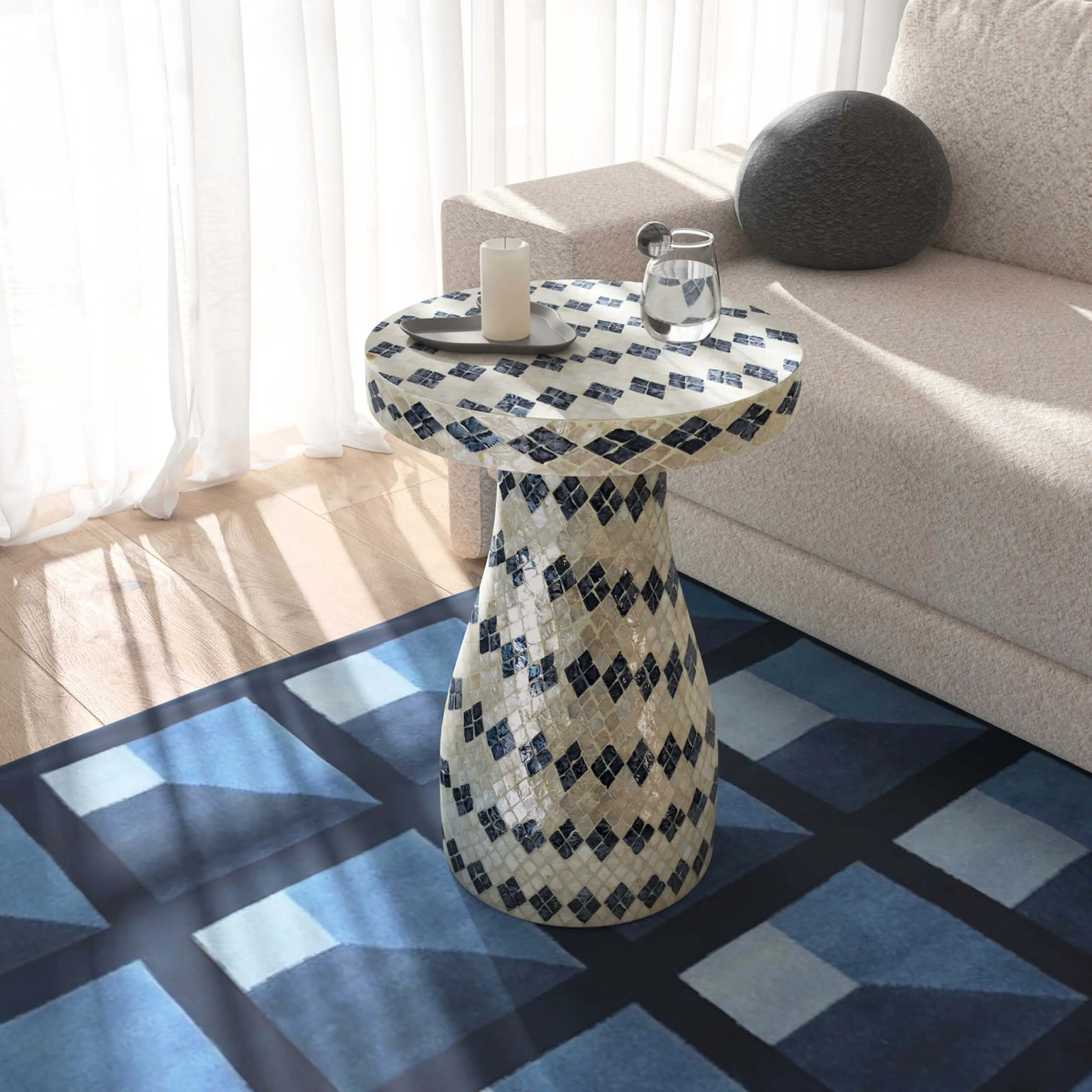 Halio Checkered Side Table, Cream/Blue