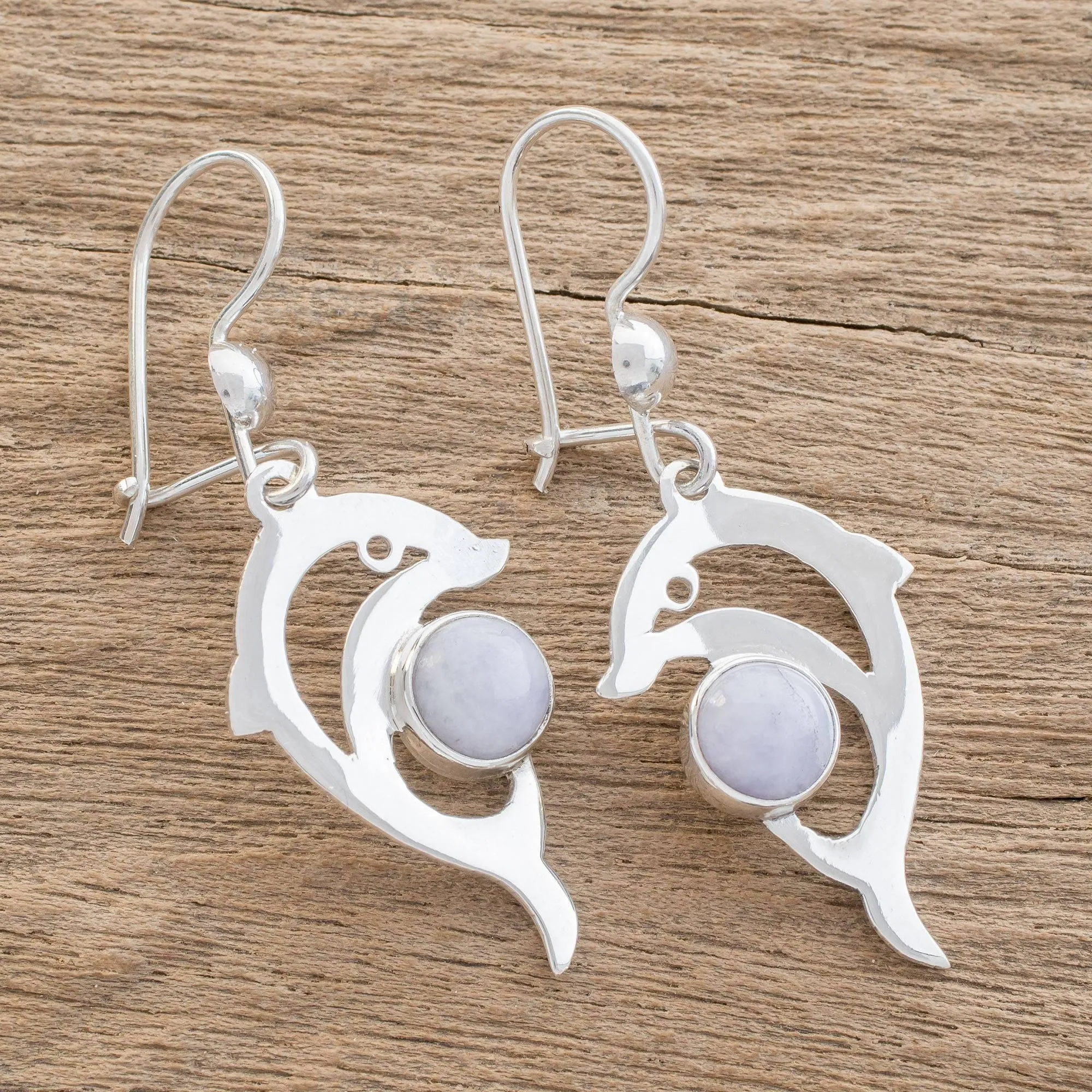 Handmade Silver Dolphin Earrings with Lilac Maya Jade - Lilac Dolphin | NOVICA