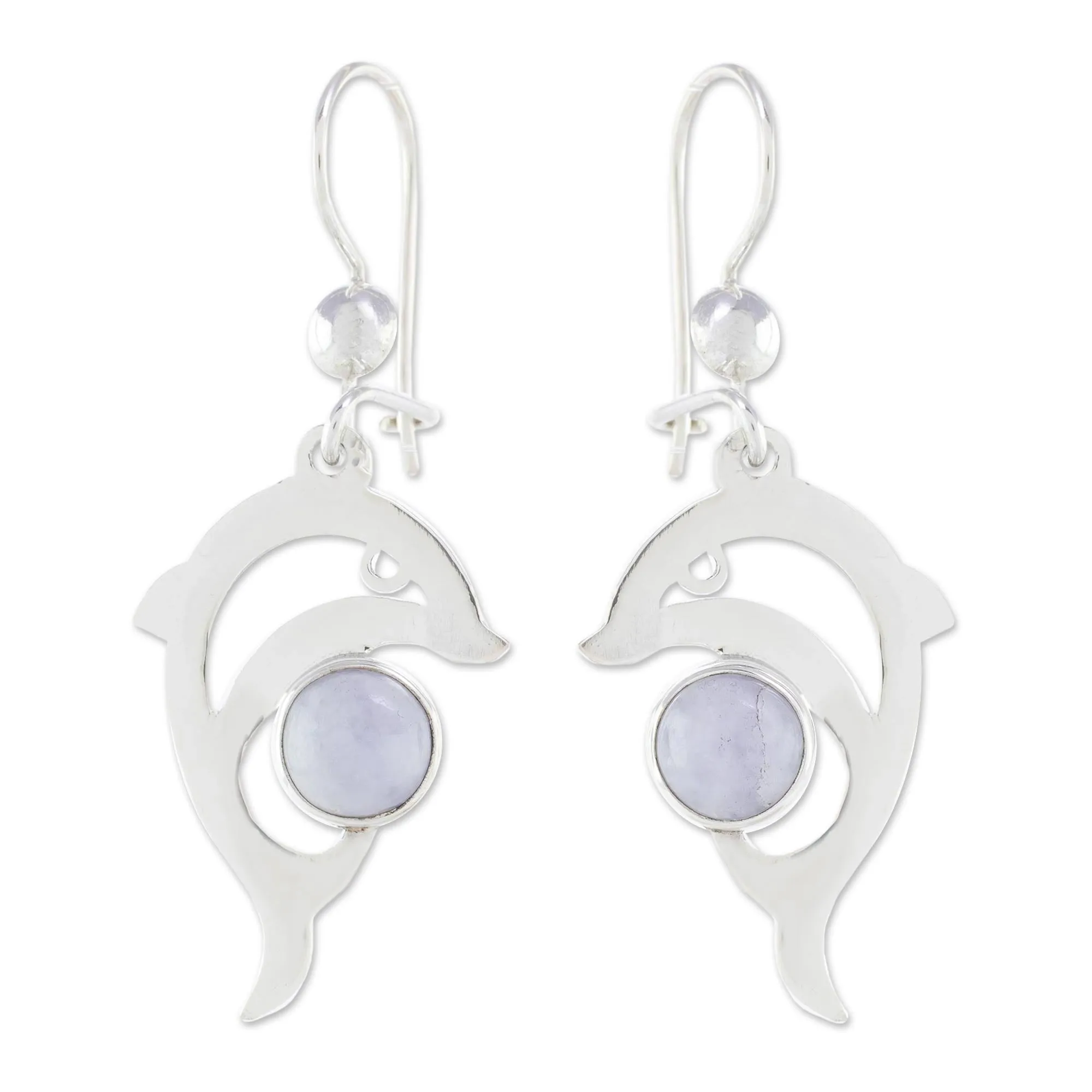 Handmade Silver Dolphin Earrings with Lilac Maya Jade - Lilac Dolphin | NOVICA