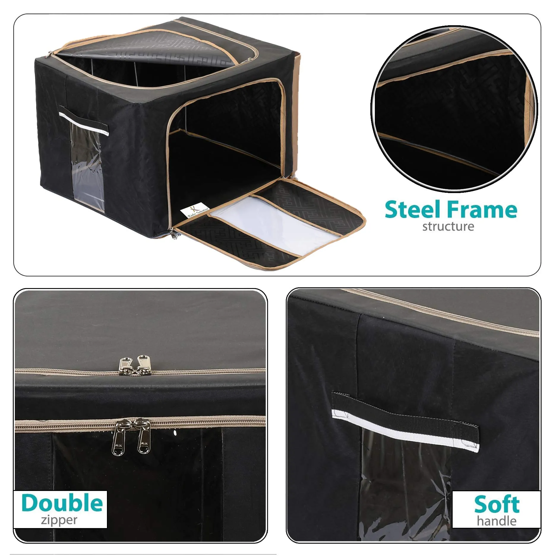 Heart Home Large Clear Window Storage Bins Foldable Fabric Storage Bins Boxes for Clothes - Stackable Container Organizer Set with Carrying Handles(Black & Grey)-HEART12259, Standard