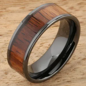 High Tech Black Ceramic Natural Koa Wood Flat Wedding Ring 8mm