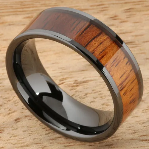 High Tech Black Ceramic Natural Koa Wood Flat Wedding Ring 8mm