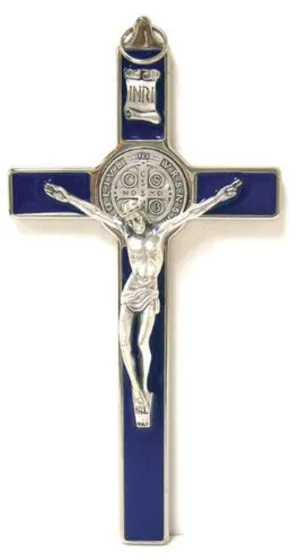 Holy Land Market Saint Benedict Crucifix - All Metal with Inlaid Enamel and Silver Corpus - 8'' in Height - Many Colors (Blue)