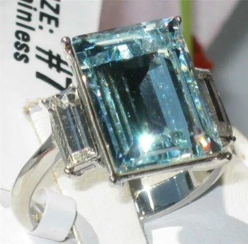 Jewellery Kingdom Cubic Zirconia Emerald Radiant Stainless Steel 14 CT Ladies Topaz Ring (Blue)