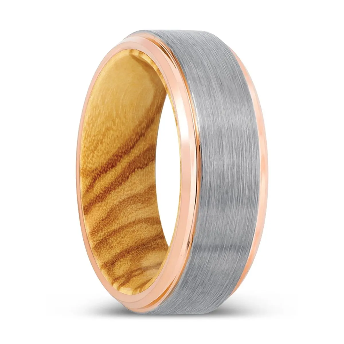 KANGITEN | Olive Wood, Silver Tungsten Ring, Brushed, Rose Gold Stepped Edge