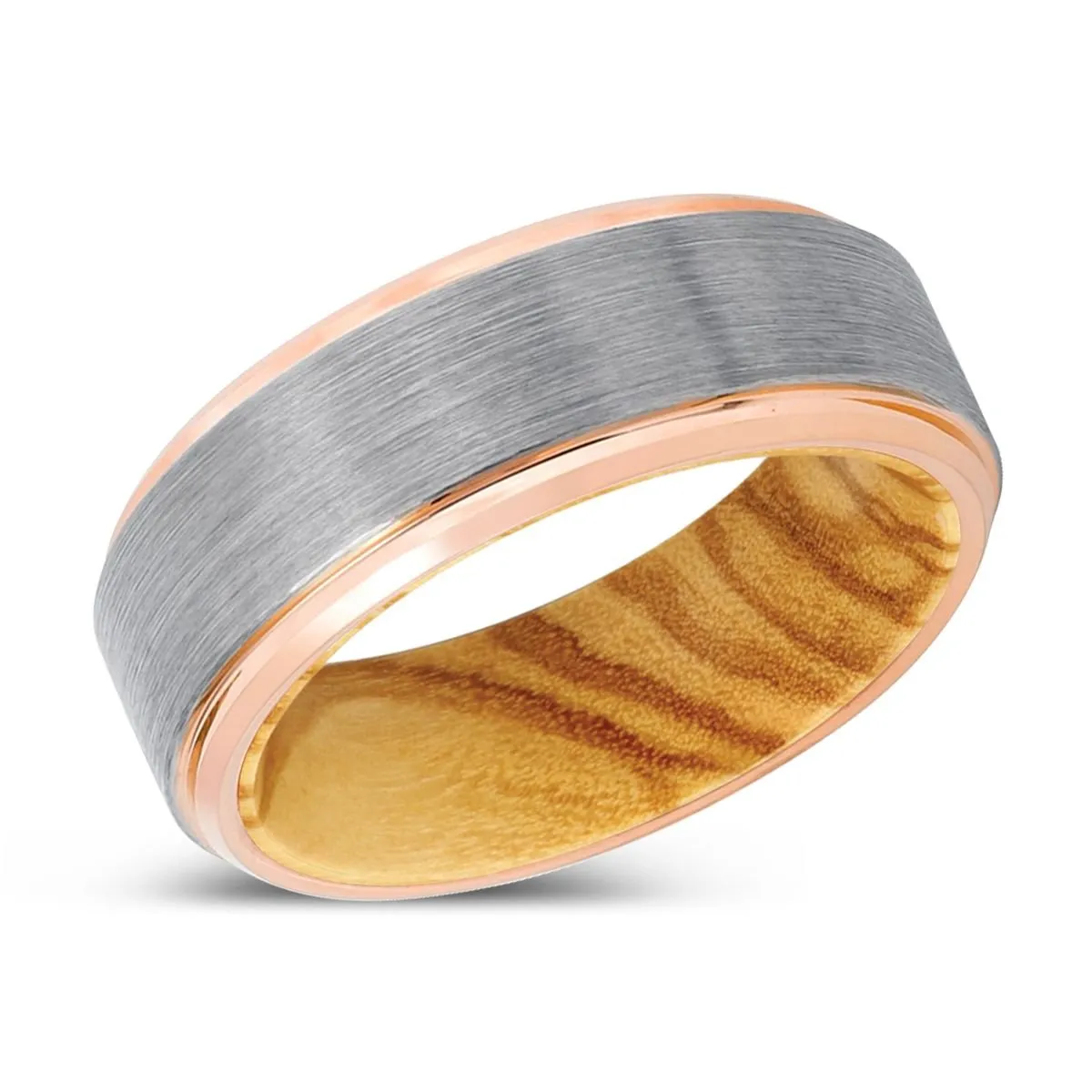 KANGITEN | Olive Wood, Silver Tungsten Ring, Brushed, Rose Gold Stepped Edge