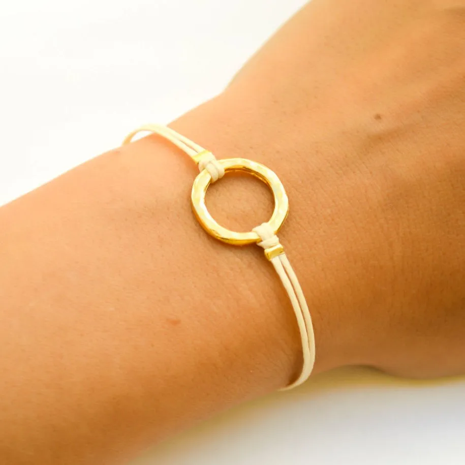 Karma bracelet for women, gold circle and beige cord, yoga jewelry