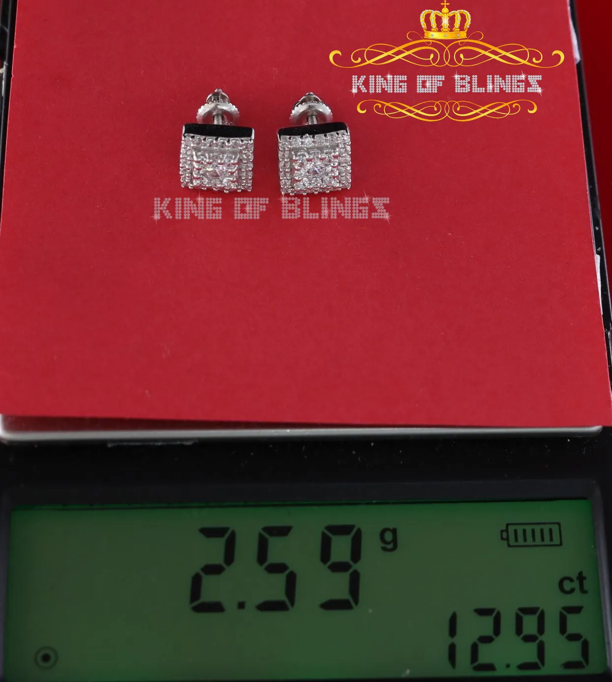 King of Blings- 1.2ct Cubic Zirconia 925 White Sterling Silver Women's Hip Hop Square Earrings