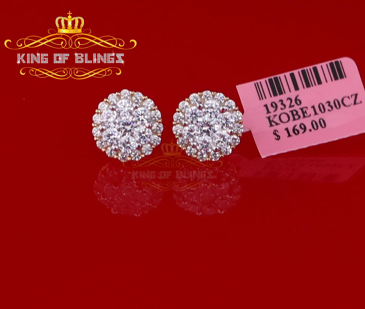 King of Bling's Aretes Para Hombre 925 Yellow Silver 1.49ct Cubic Zirconia Floral Women Earrings