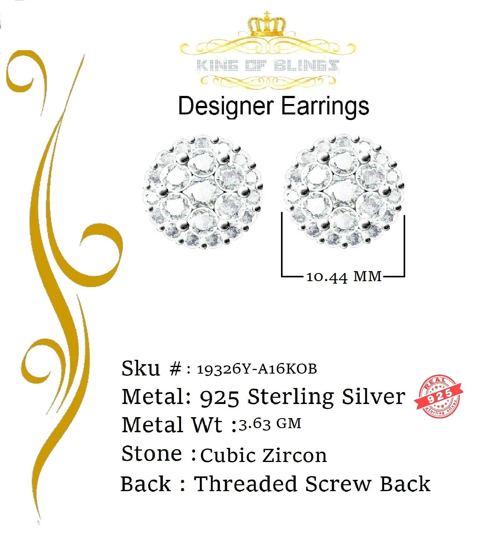 King of Bling's Aretes Para Hombre 925 Yellow Silver 1.49ct Cubic Zirconia Floral Women Earrings