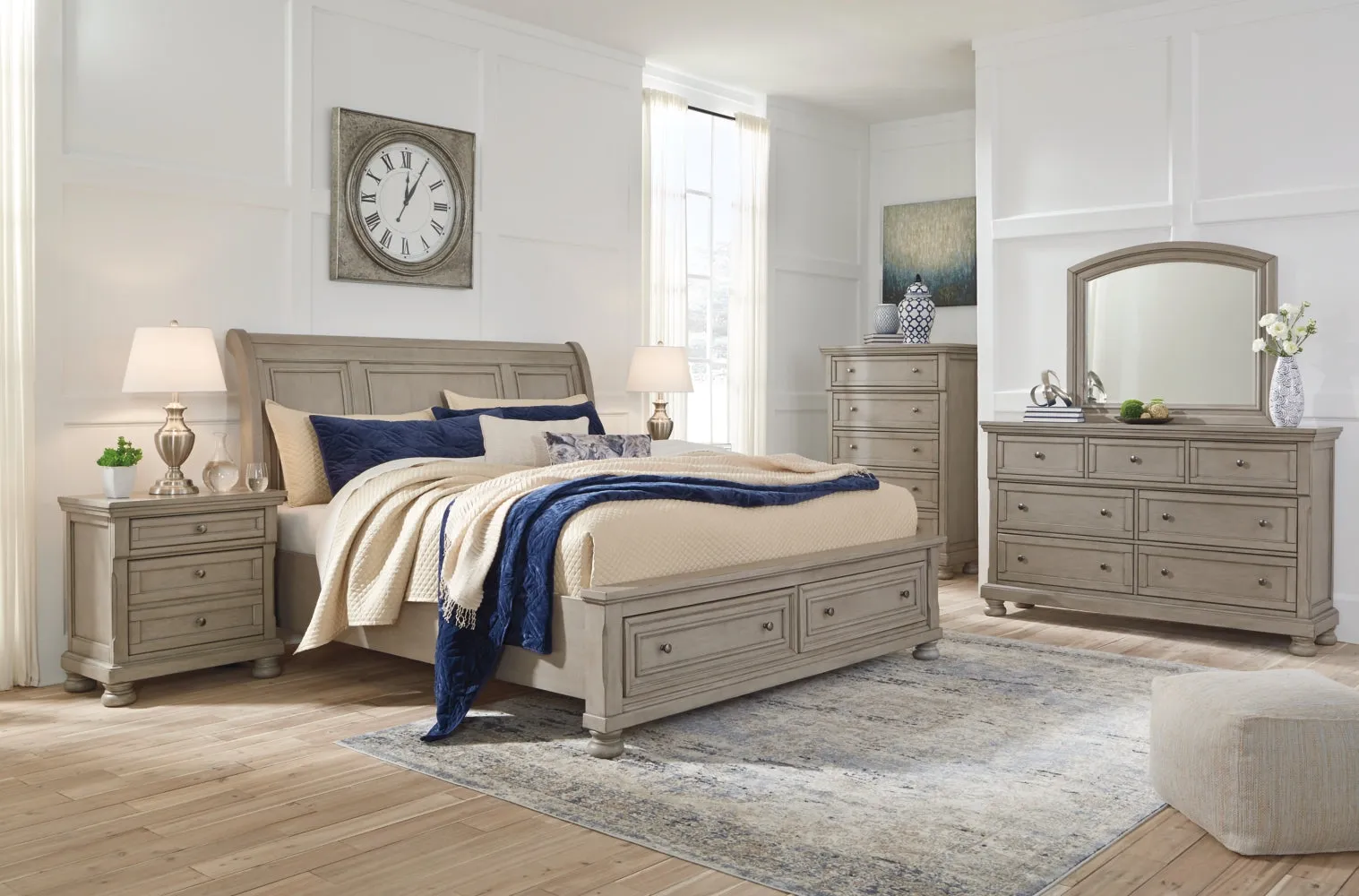 Lettner California King Sleigh Bed with Mirrored Dresser and Chest