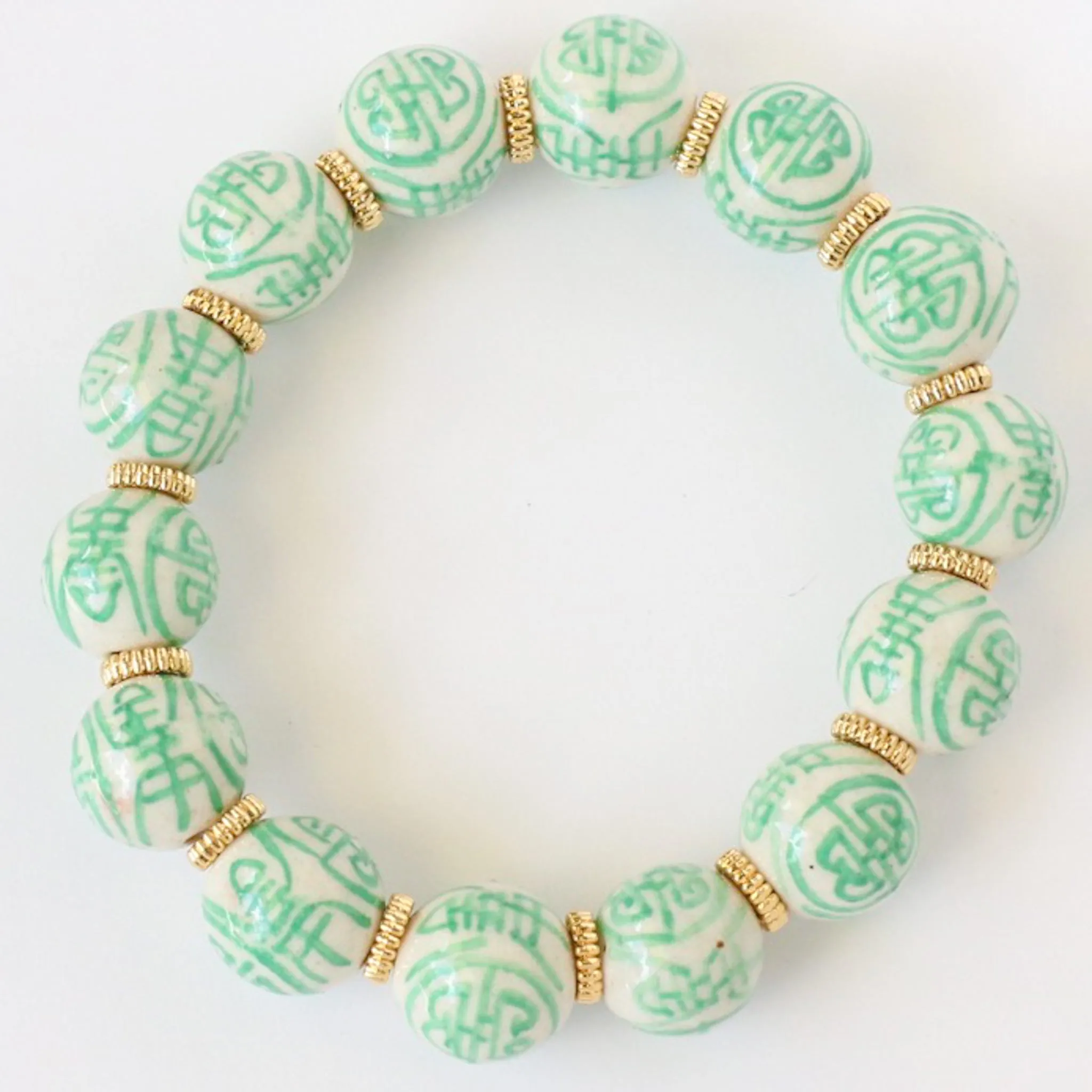 Mint Green & White Chinoiserie Porcelain Beaded Bracelet, Grandmillenial Style