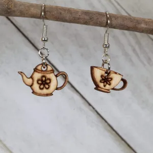 Mismatched Teapot and Cup Wooden Dangle Earrings by Cate's Concepts, LLC