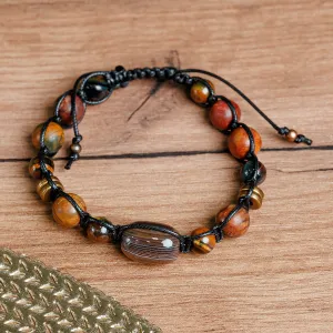 Multi-Gemstone Black Waxed Nylon Macrame Bracelet - Weaving Courage | NOVICA