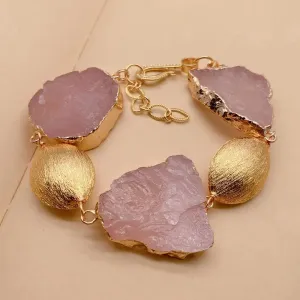 Natural Pink Rose Quartz Rough Bracelet Gemstone Gold Plated Brushed Raw Female