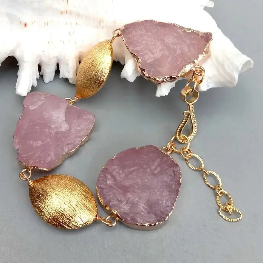 Natural Pink Rose Quartz Rough Bracelet Gemstone Gold Plated Brushed Raw Female