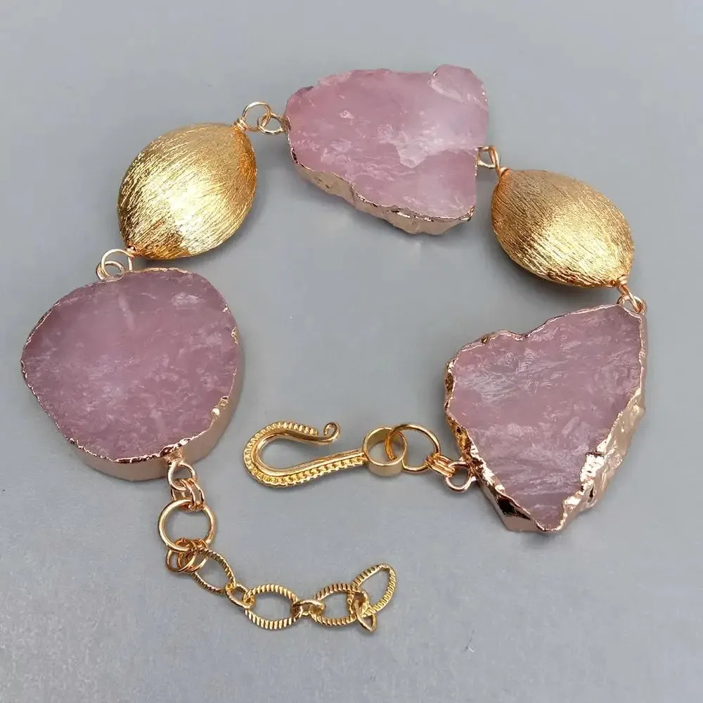 Natural Pink Rose Quartz Rough Bracelet Gemstone Gold Plated Brushed Raw Female