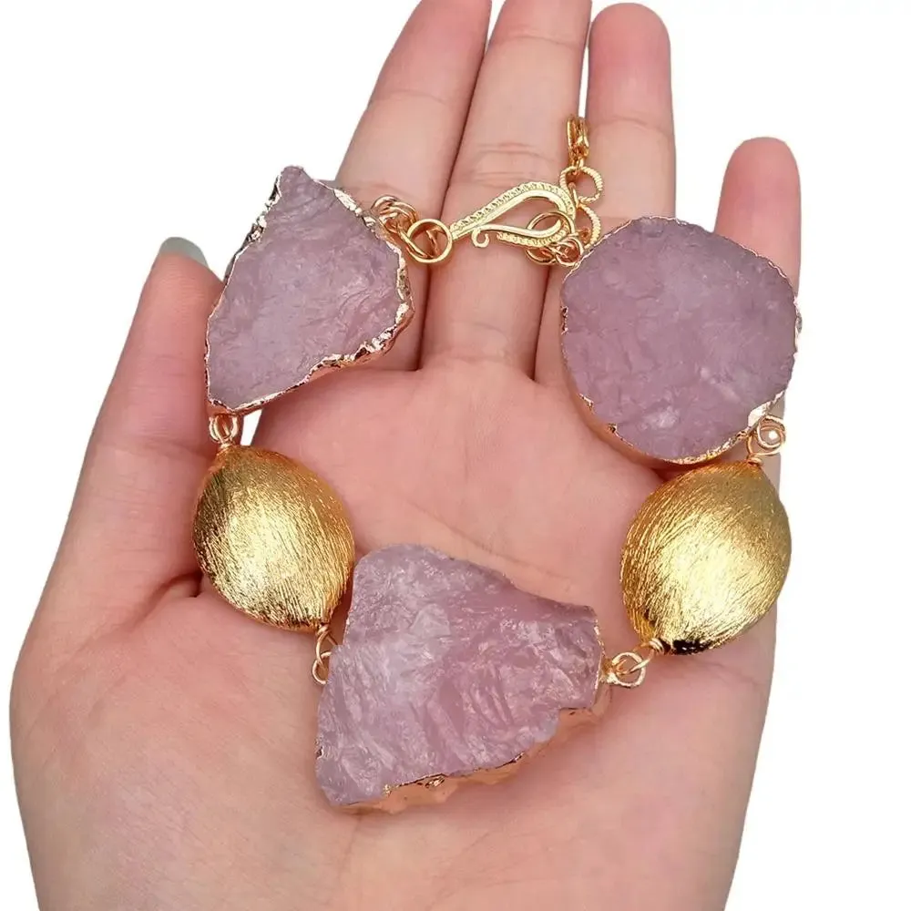 Natural Pink Rose Quartz Rough Bracelet Gemstone Gold Plated Brushed Raw Female