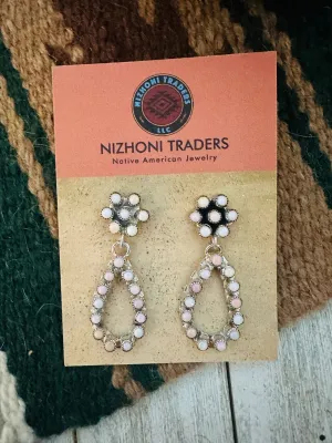 Navajo Queen Pink Conch & Sterling Silver Flower Dangle Earrings