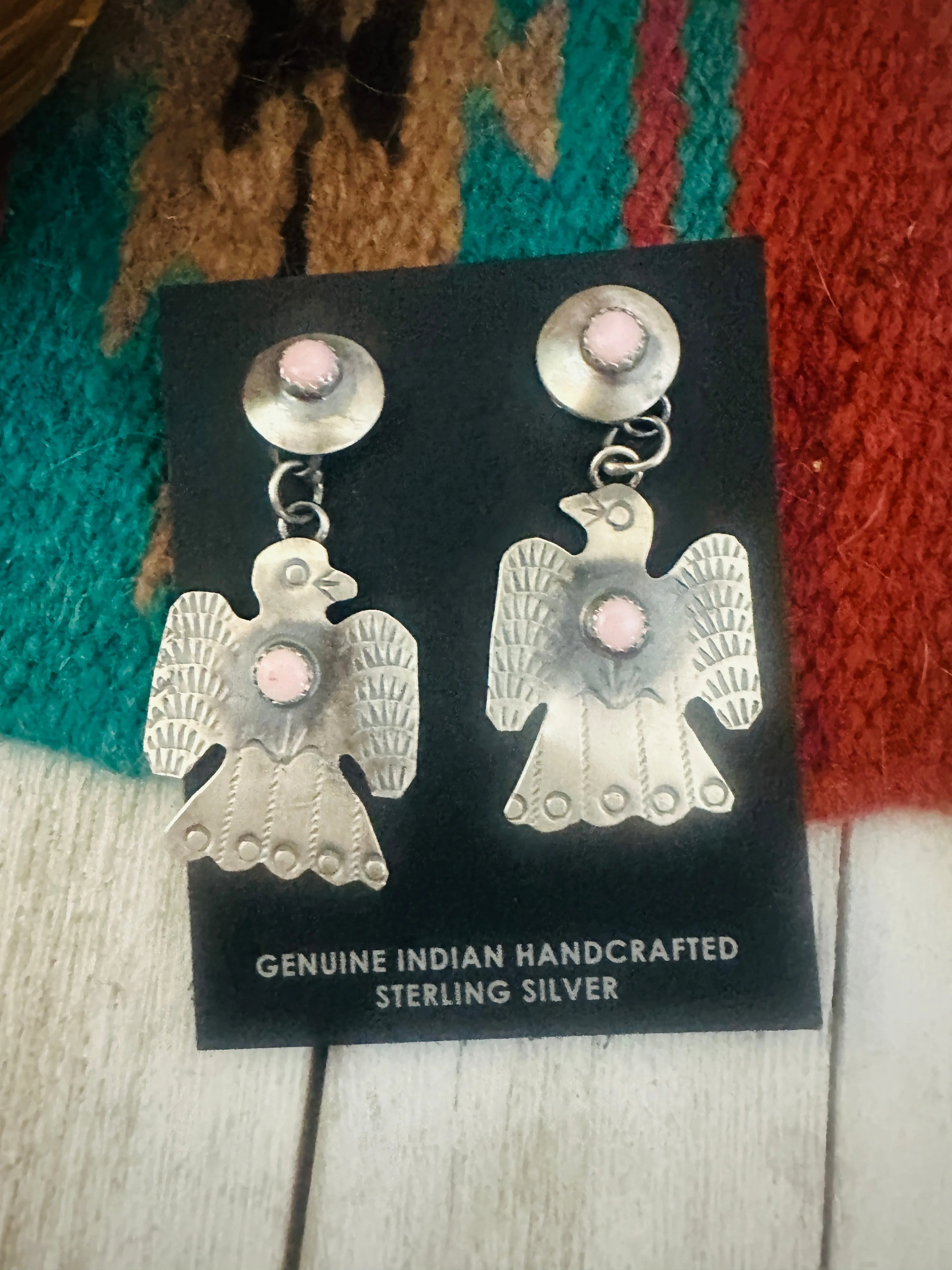 Navajo Queen Pink Conch Shell & Sterling Silver Thunderbird Dangle Earrings