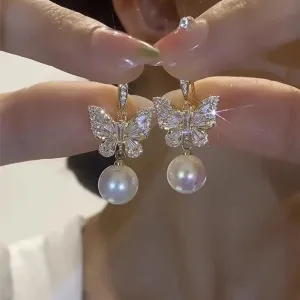 New Fashion Crystal Zircon Butterfly Earrings For Women Luxury Rhinestone Pearl Earrings Girls Party Wedding Statement Jewelry