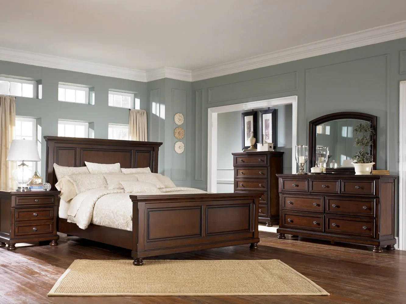 Porter California King Panel Bed with Mirrored Dresser and Chest