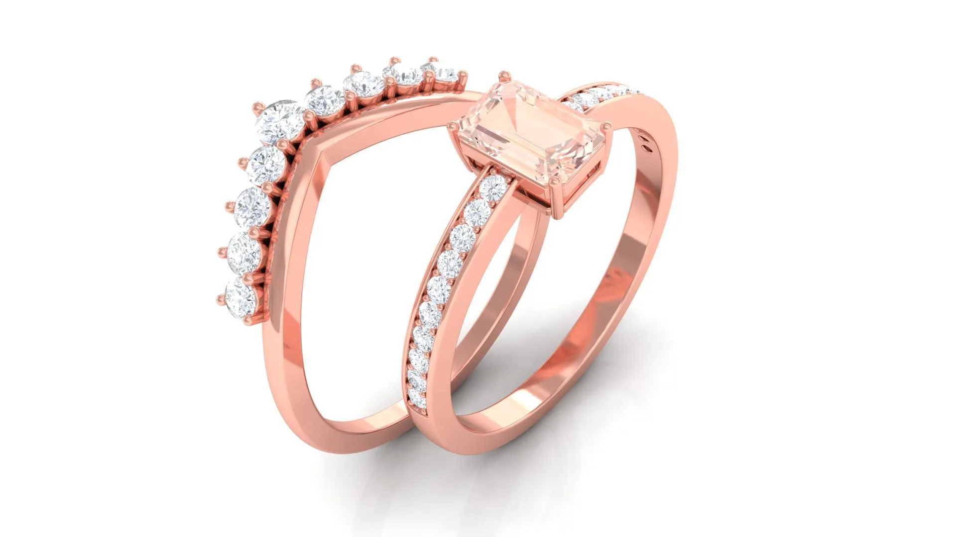 Real Morganite and Diamond Stackable Ring Set