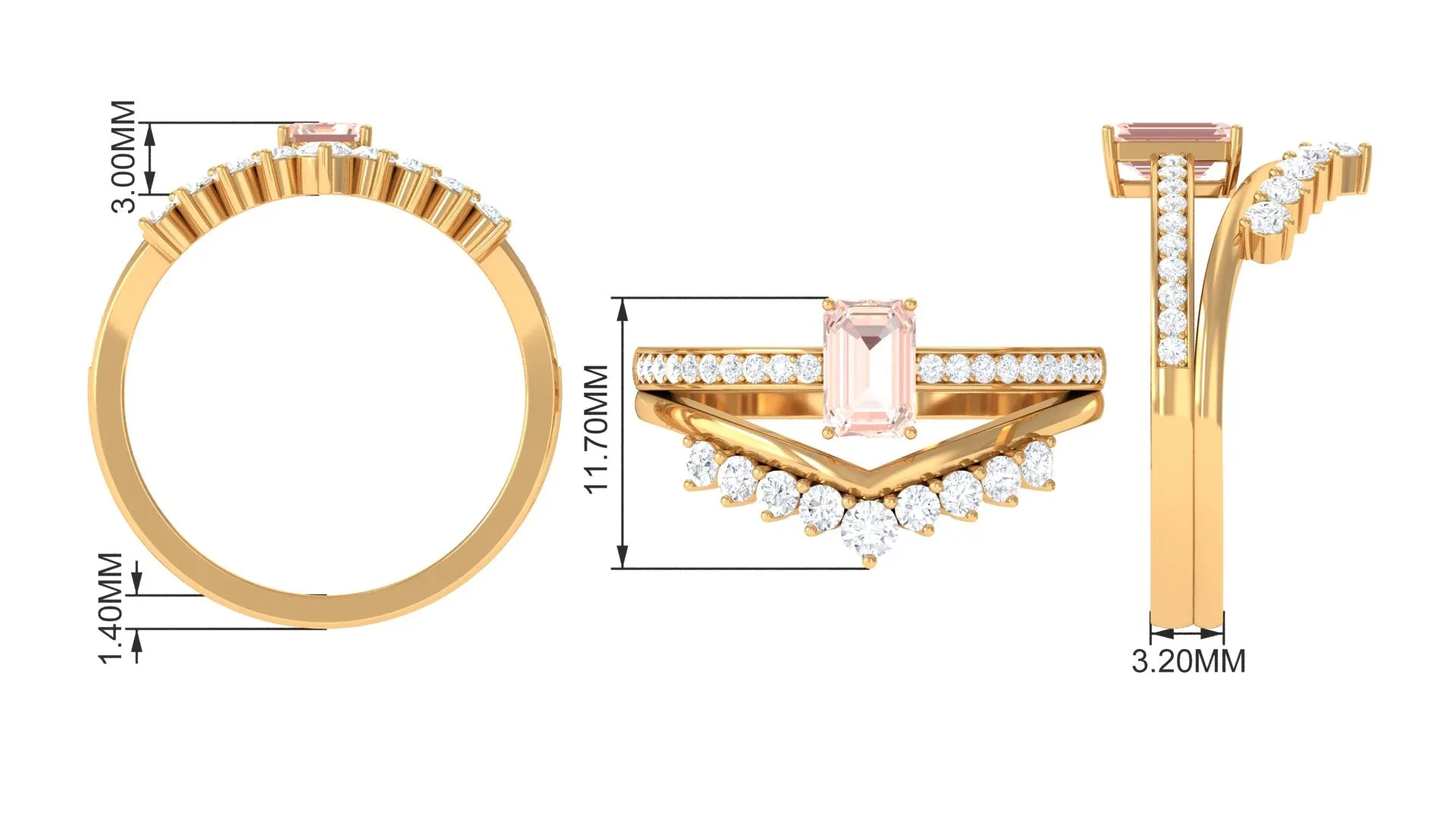 Real Morganite and Diamond Stackable Ring Set