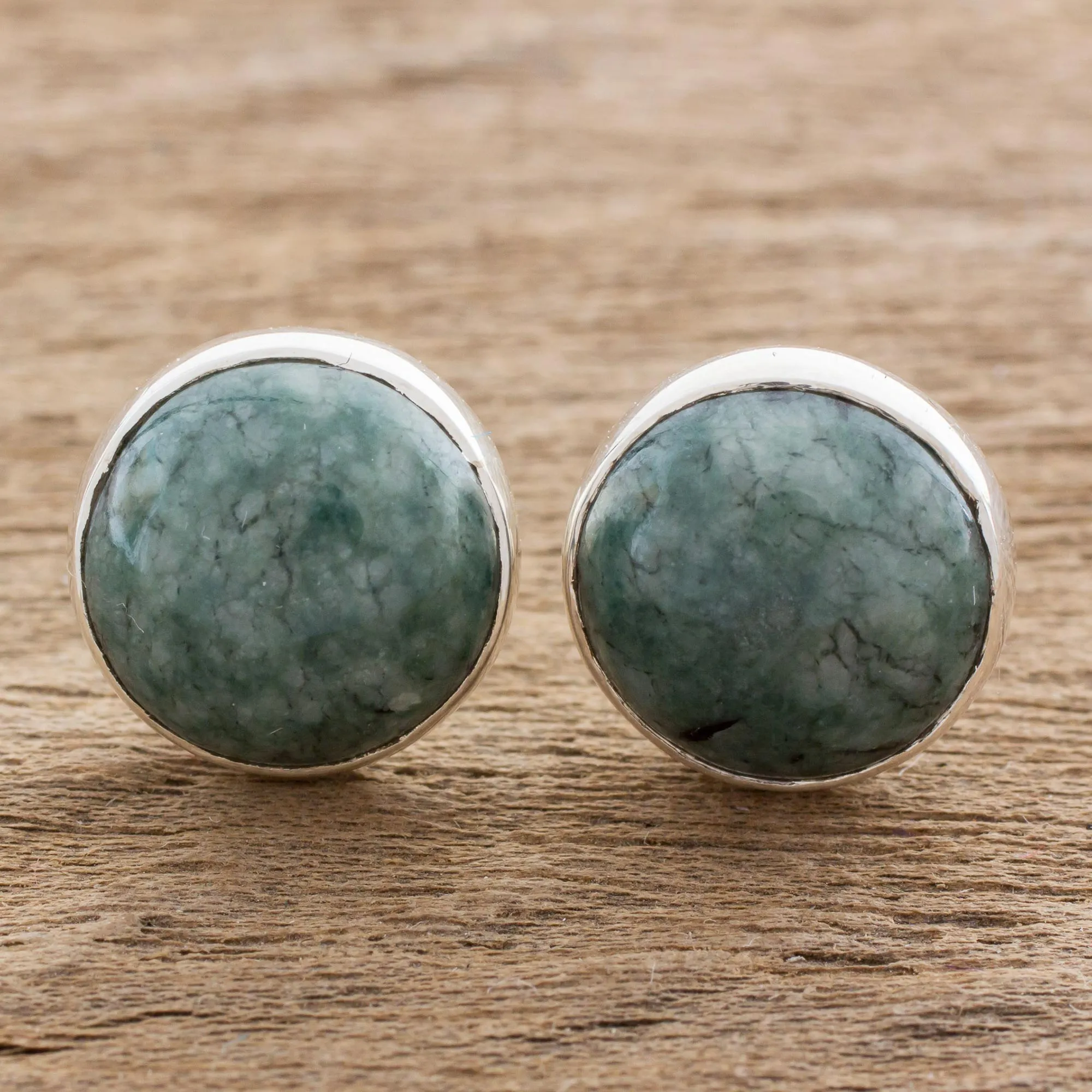 Round Jade Stud Earrings in Sterling Silver - Harmonious Peace | NOVICA