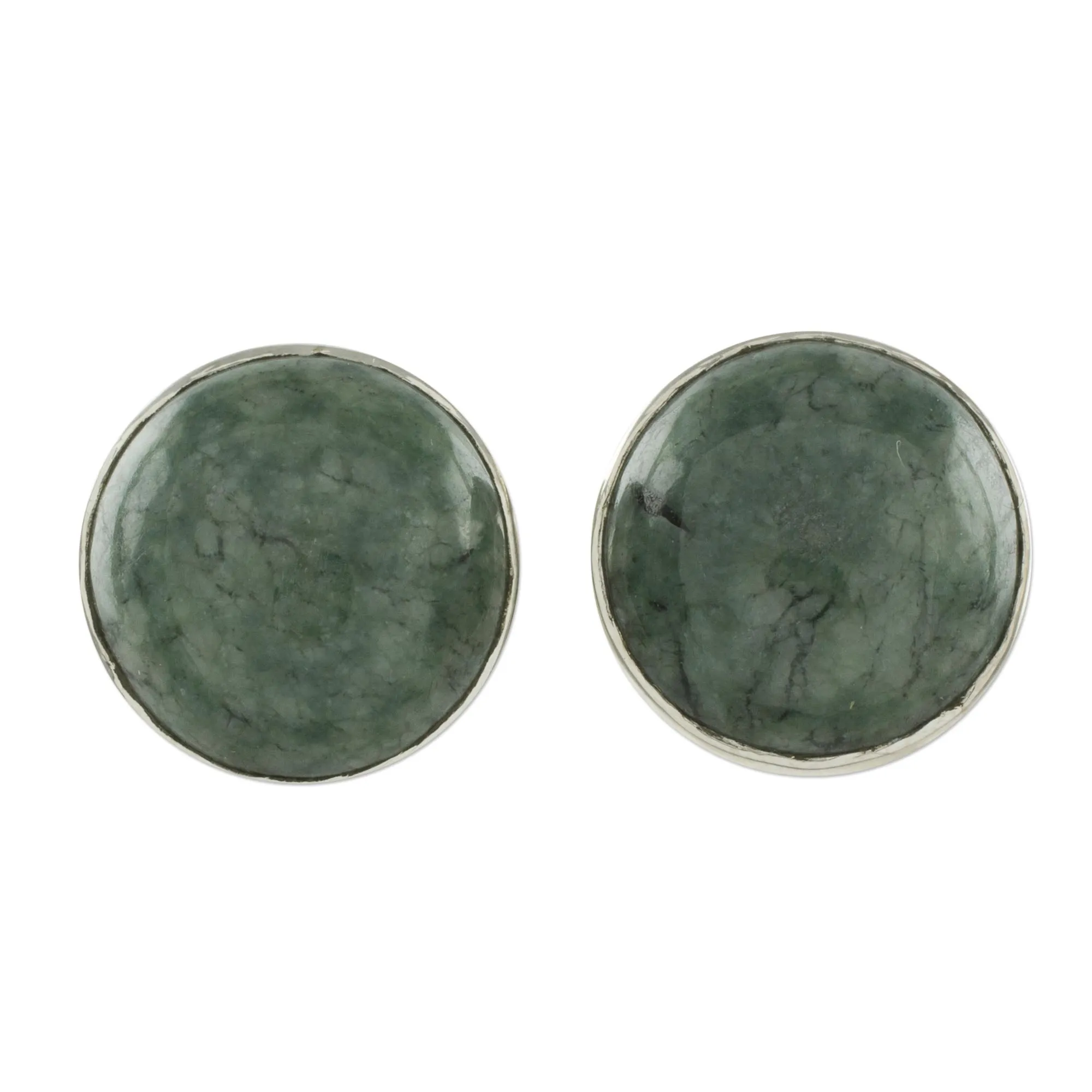 Round Jade Stud Earrings in Sterling Silver - Harmonious Peace | NOVICA