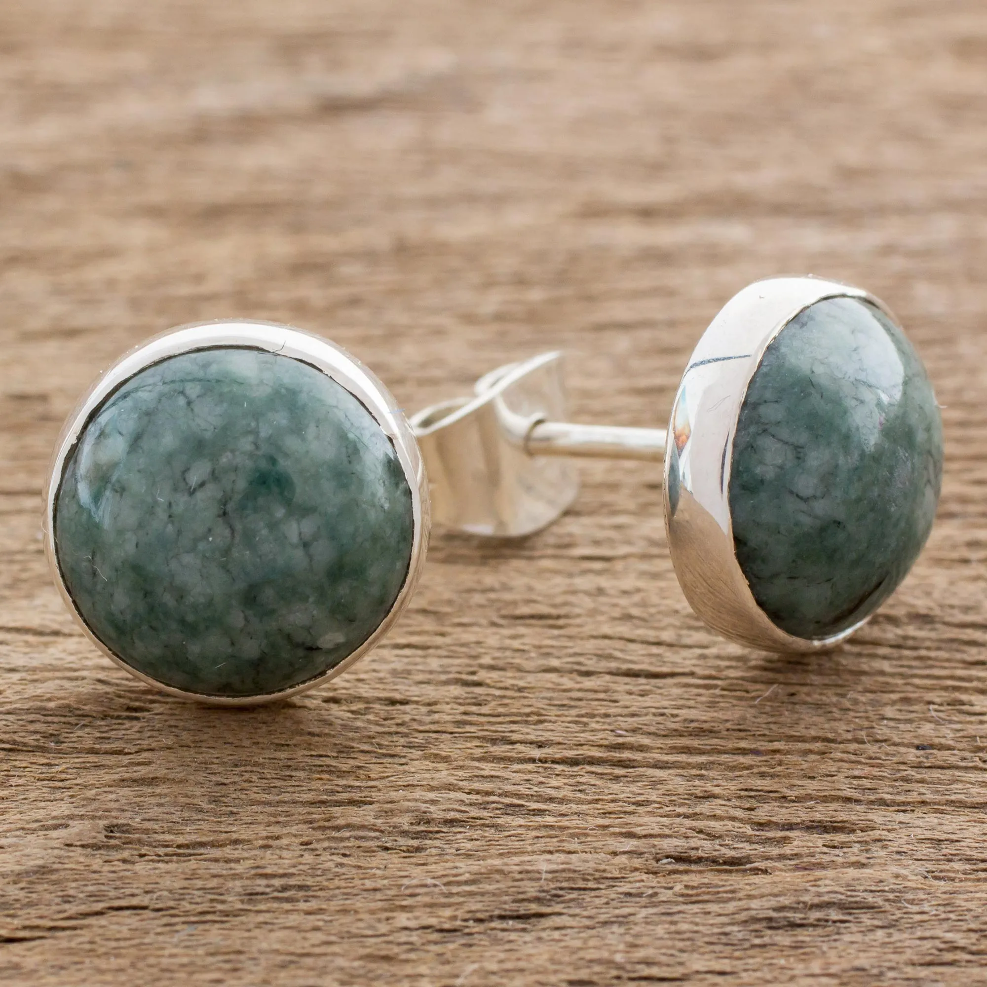 Round Jade Stud Earrings in Sterling Silver - Harmonious Peace | NOVICA