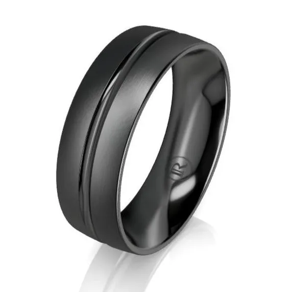 Rounded Brushed and Polished Centre Groove Black Zirconium Wedding Ring - Comfort Fit (IN1379)