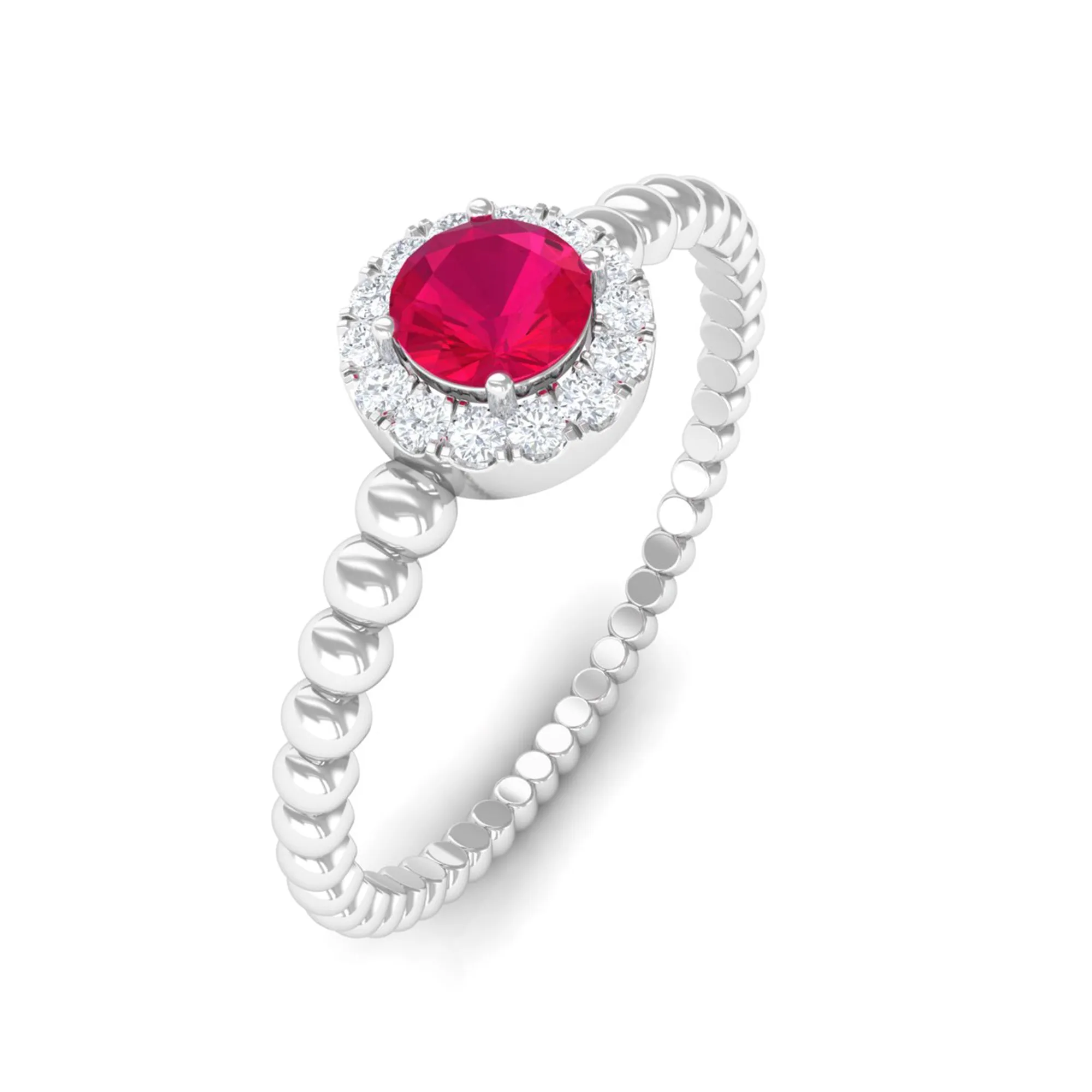 Ruby and Diamond Halo Engagement Ring with Bubble Shank